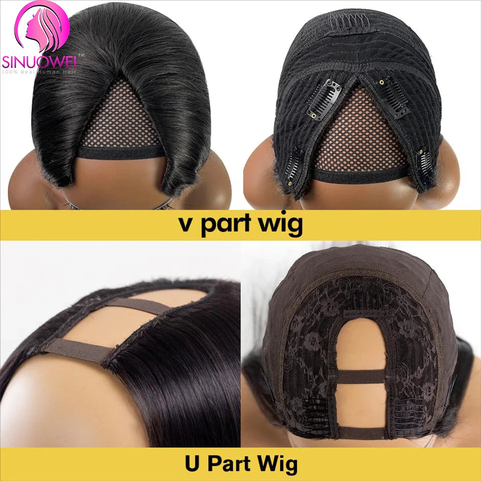 Sinuowei U V Part Wig Body Wave Human Hair Wigs For Women Brazilian No Glue 10-28 Inches Wavy Upgrade Wig Natural Black Wigs