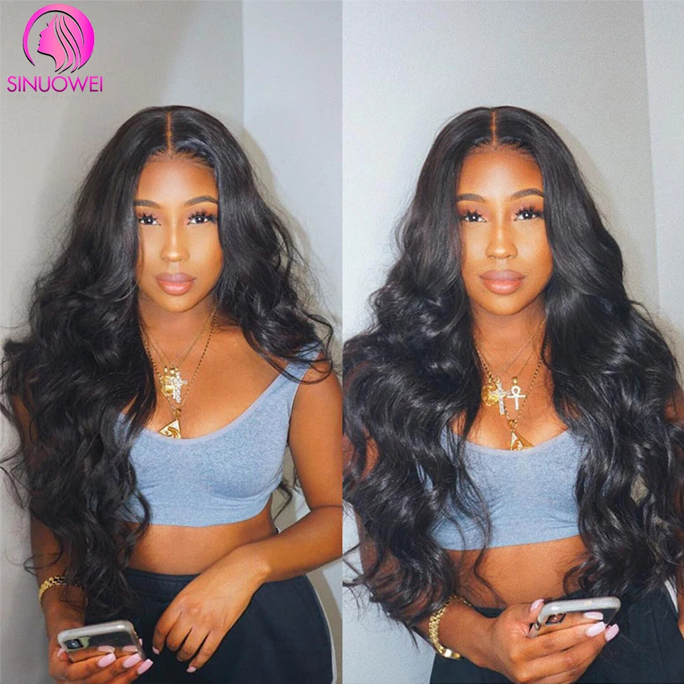 Sinuowei U V Part Wig Body Wave Human Hair Wigs For Women Brazilian No Glue 10-28 Inches Wavy Upgrade Wig Natural Black Wigs