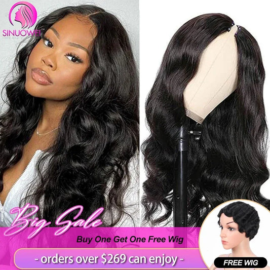 Sinuowei U V Part Wig Body Wave Human Hair Wigs For Women Brazilian No Glue 10-28 Inches Wavy Upgrade Wig Natural Black Wigs