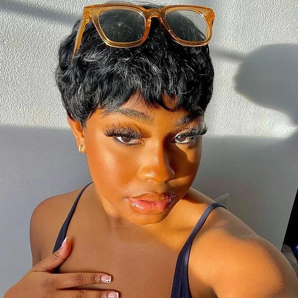 Short Pixie Cut Wig Human Hair For Black Women Machine Made Wigs With Bangs Short Wig Human Hair Wigs