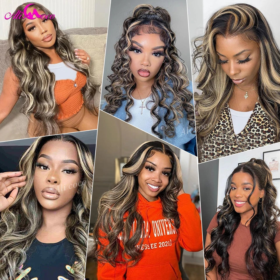 Blonde Highlight Wig 13x4 Lace Frontal Wigs For Black Women 180% Density Body Wave Human Hair Wigs Brazilian Remy Human Hair