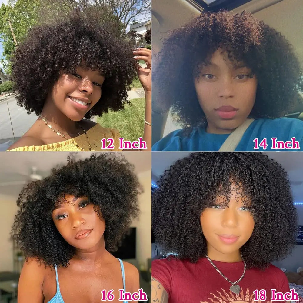 200% Density Short Curly Afro Wig With Bangs Full Machine Made Afro Kinky Curly Human Hair Wigs For Black Women Glueless Wig