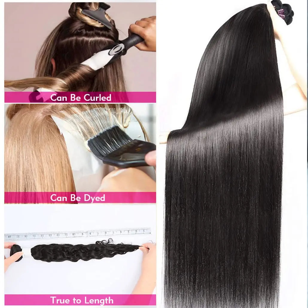 Straight Human Hair Bundles 1/3/4 Piece Brazilian Human Hair Extension Natural Weave Black 1B 24 26 28 30 Inch for Black Women